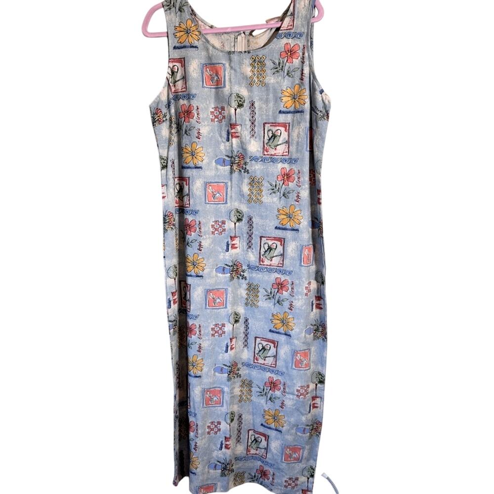 Bobbie Brooks Blue Garden Print Midi Shift Dress Womens L Linen Flower Vintage